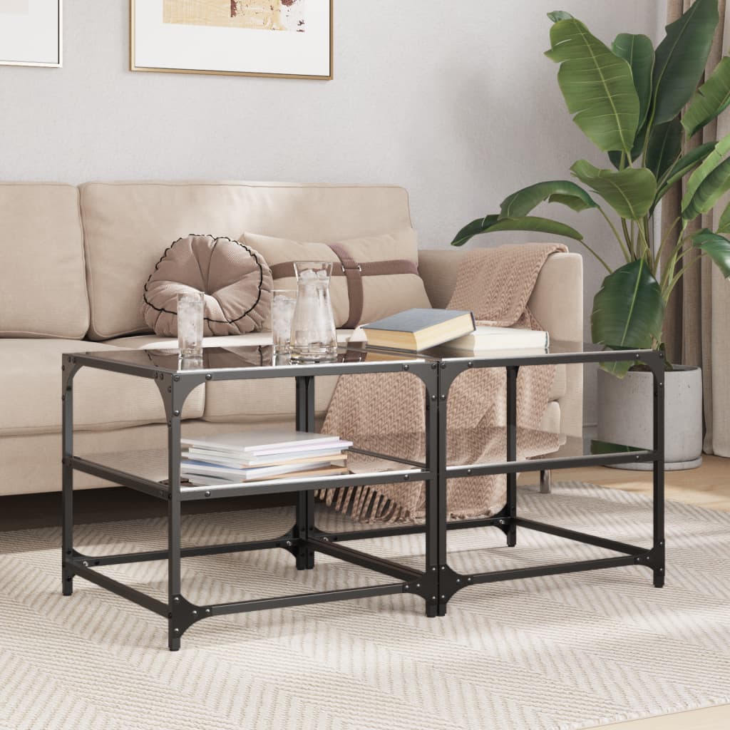 Mesas de centro c/ topo em vidro preto 2 pcs 50x50x45 cm aço