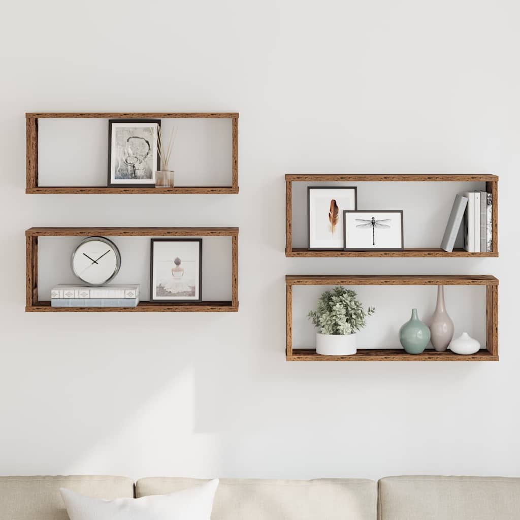 Prateleiras parede em cubo 4pcs deriv. de madeira madeira velha