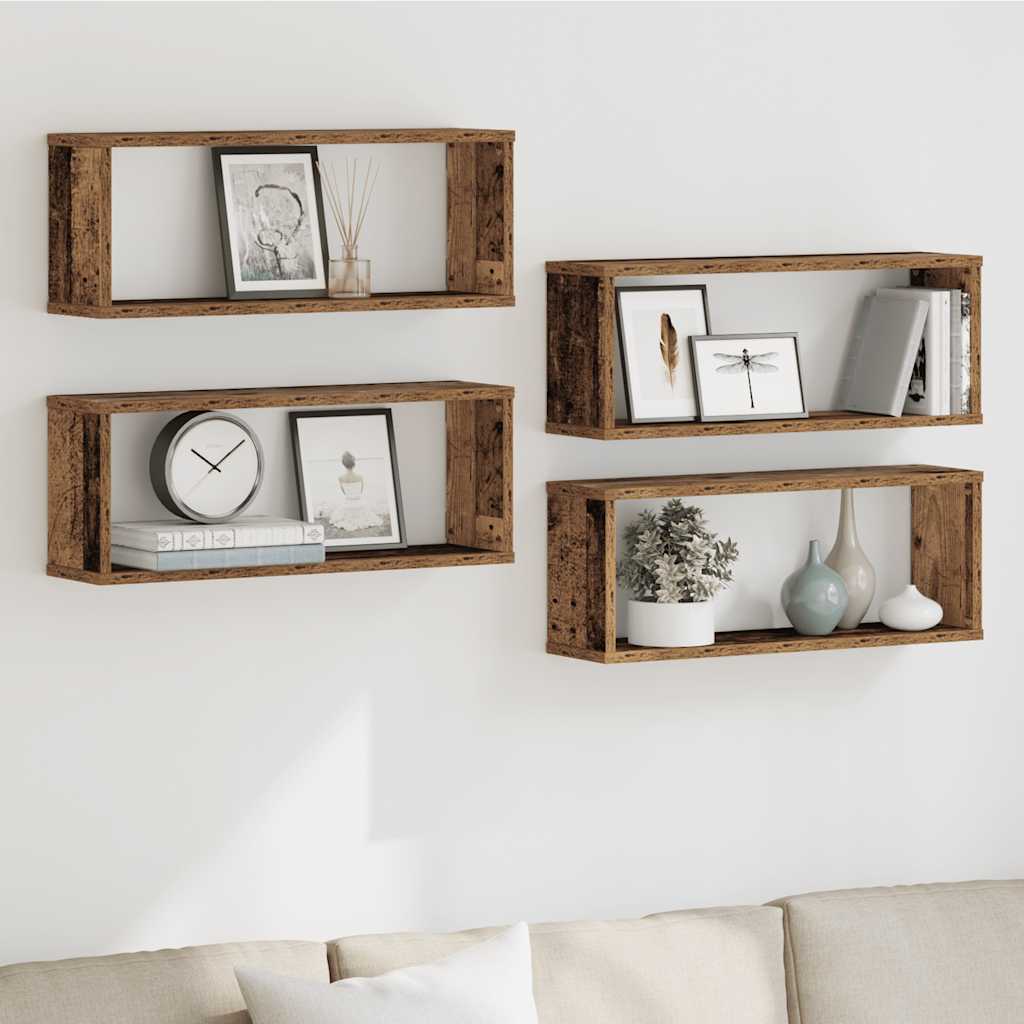 Prateleiras parede em cubo 4pcs deriv. de madeira madeira velha
