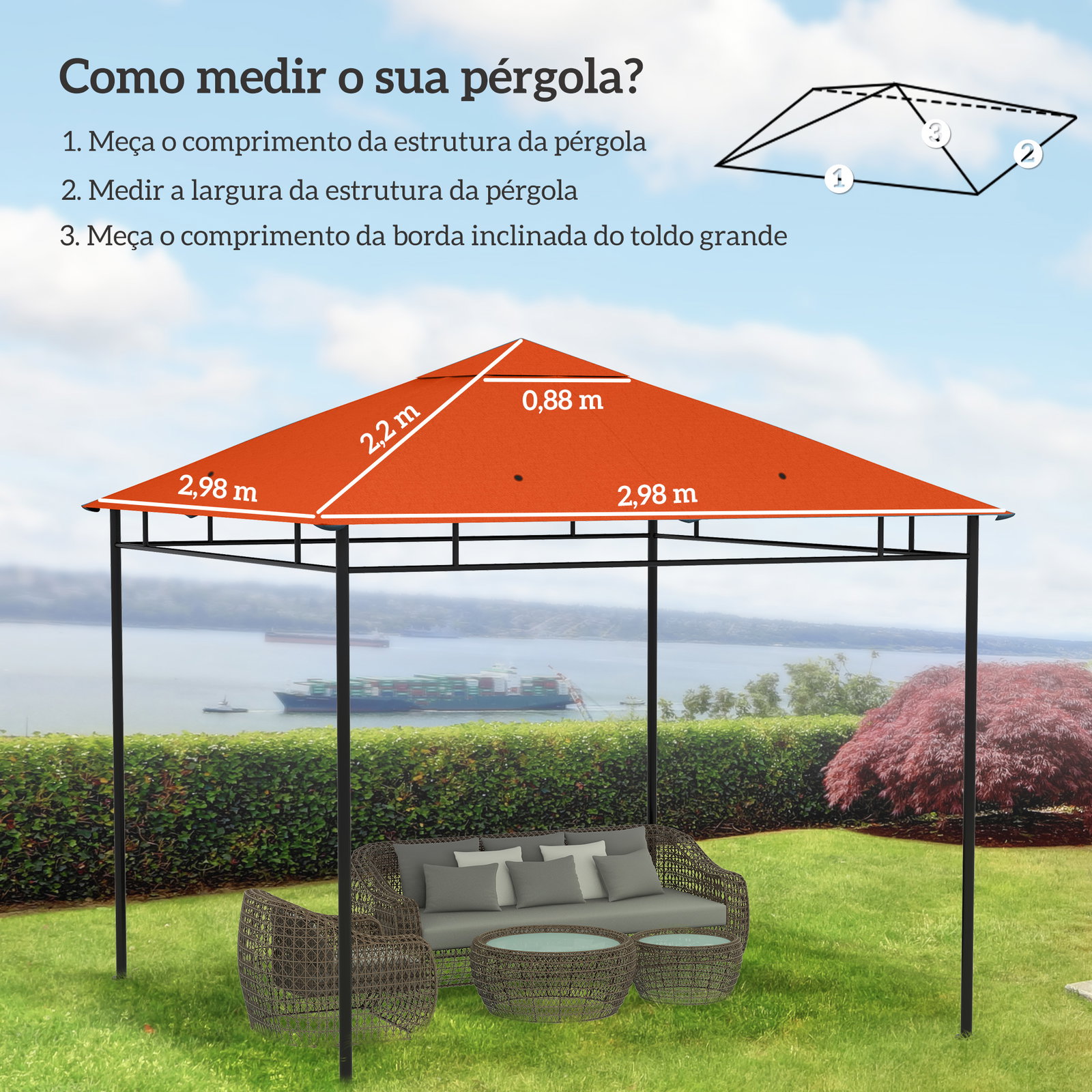 Toldo de substituição de 3x3m para pérgola de jardim com 8 orifícios de drenagem e ventilação laranja