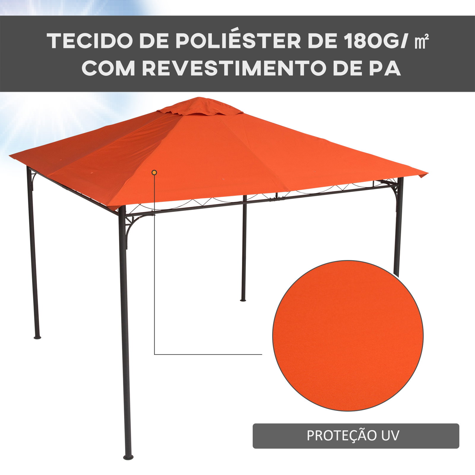 Toldo de substituição de 3x3m para pérgola de jardim com 8 orifícios de drenagem e ventilação laranja