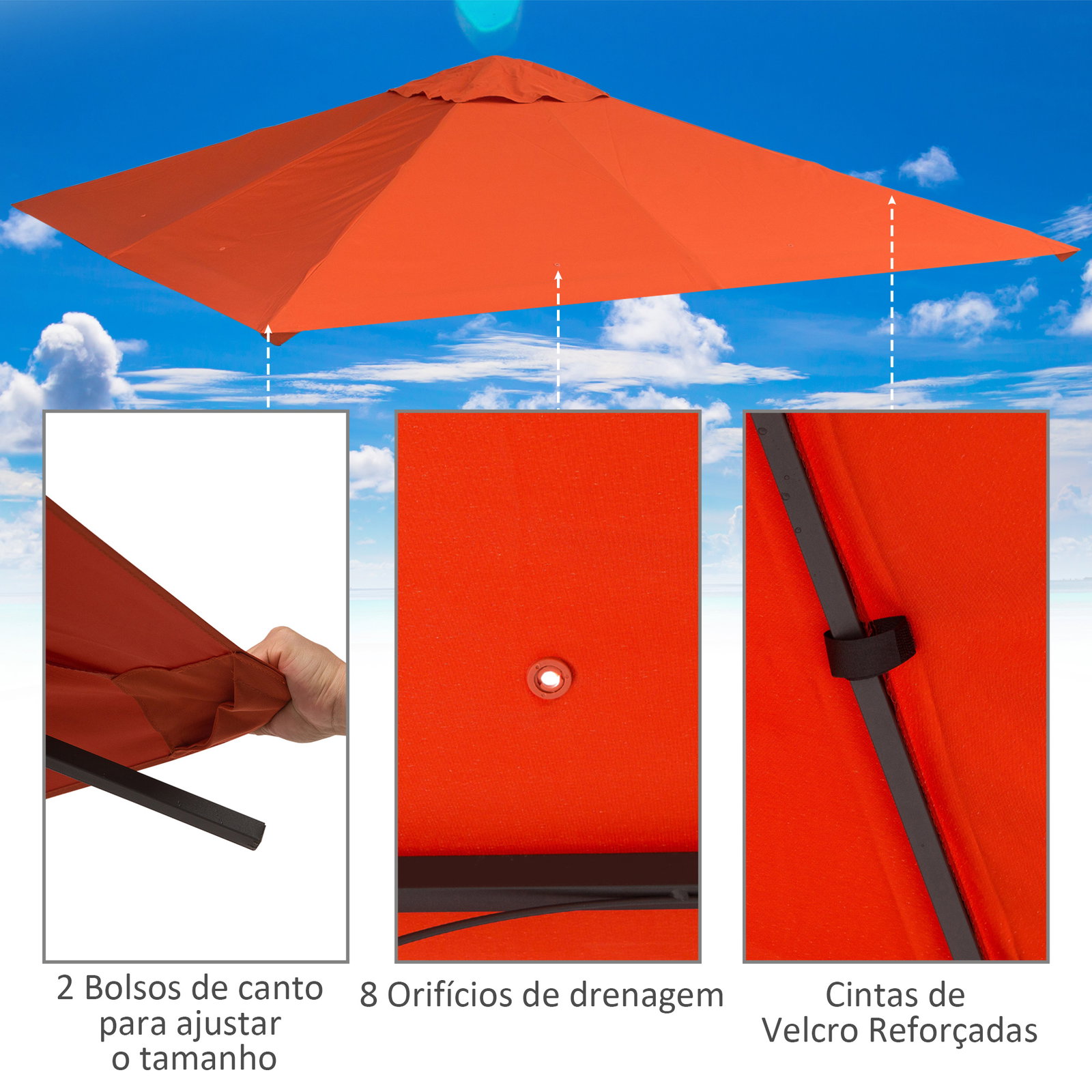 Toldo de substituição de 3x3m para pérgola de jardim com 8 orifícios de drenagem e ventilação laranja