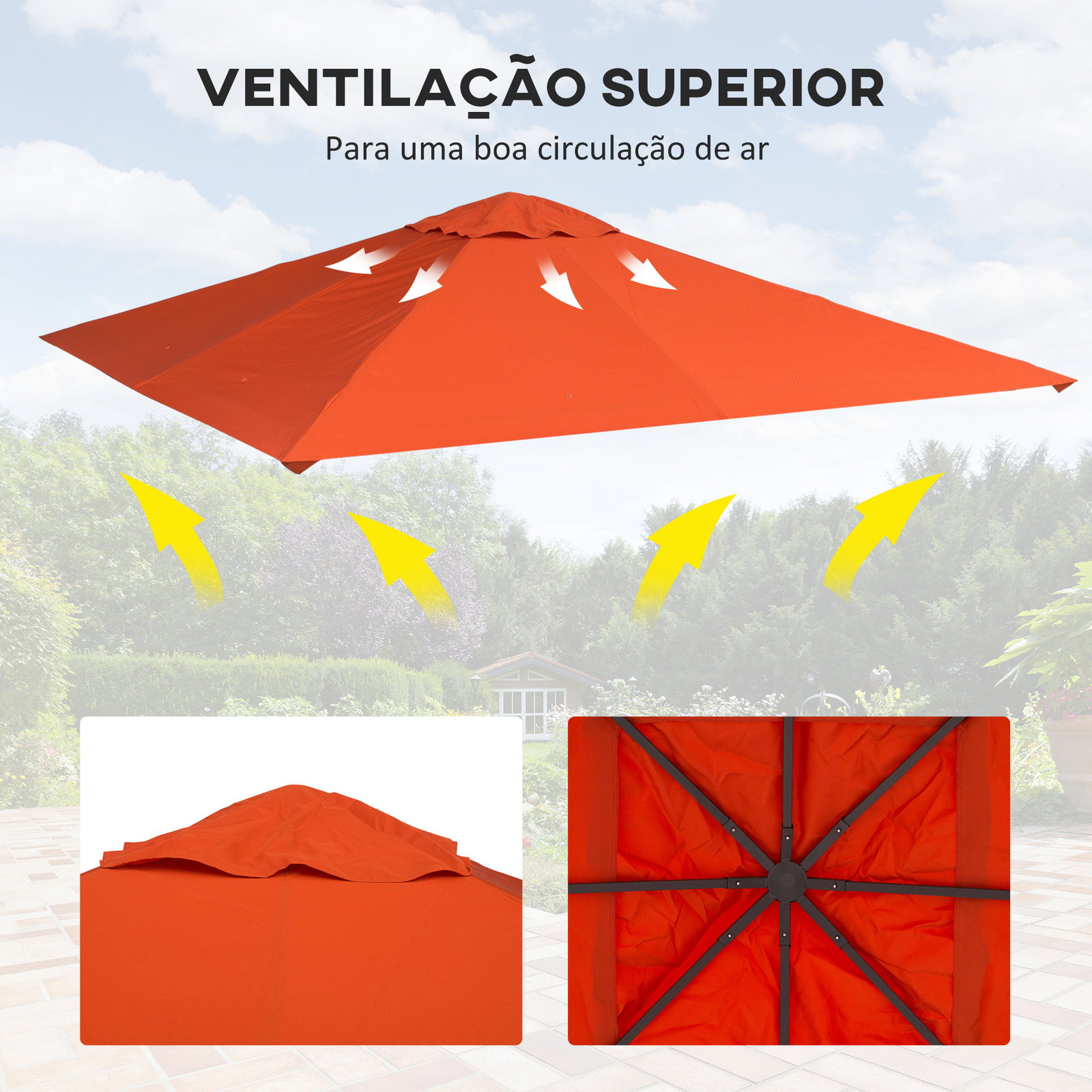Toldo de substituição de 3x3m para pérgola de jardim com 8 orifícios de drenagem e ventilação laranja