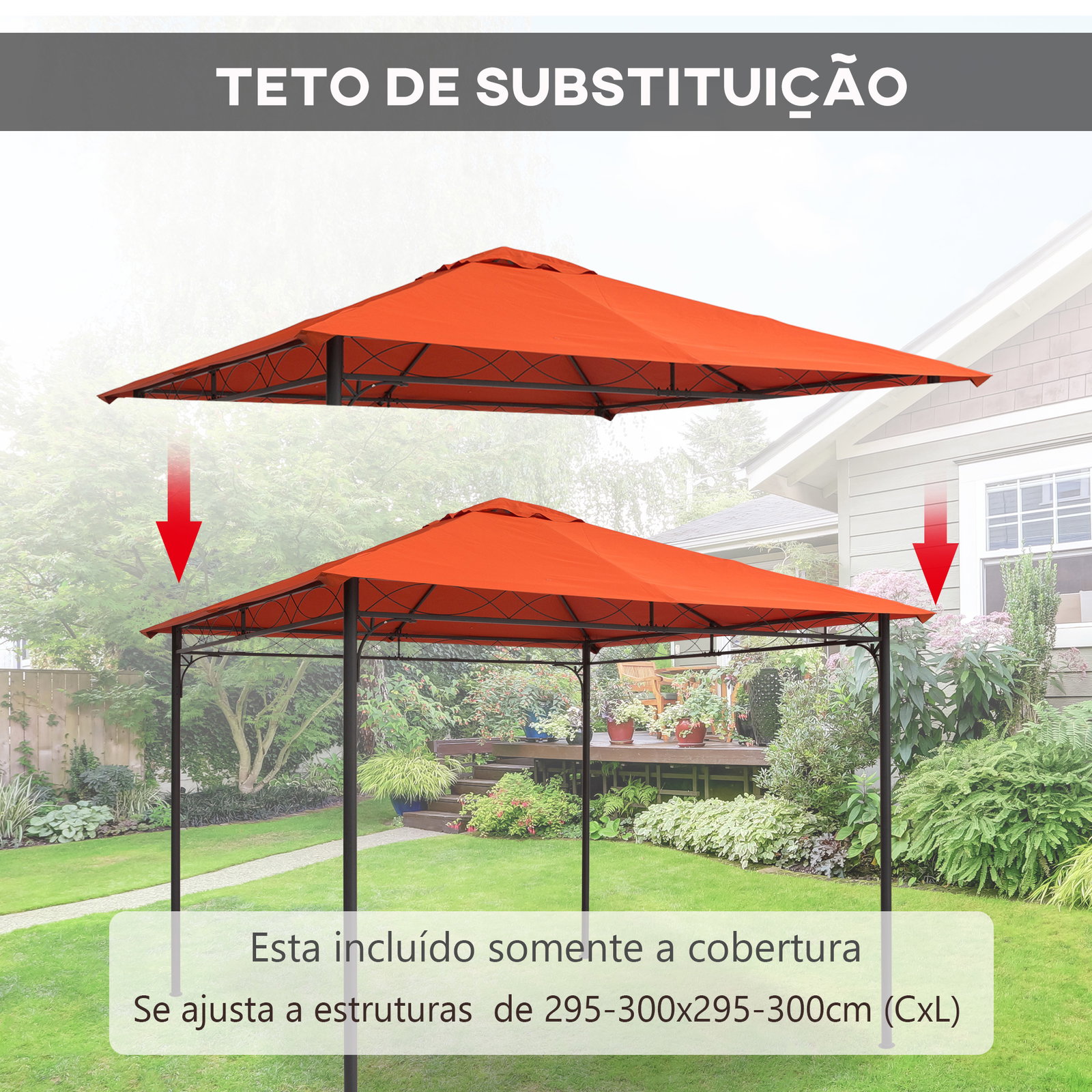 Toldo de substituição de 3x3m para pérgola de jardim com 8 orifícios de drenagem e ventilação laranja