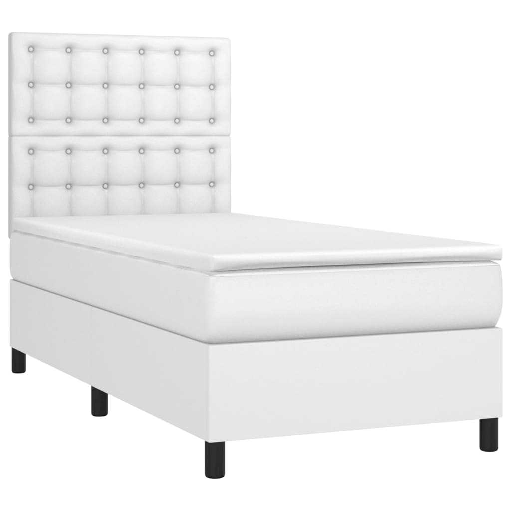 Cama box spring c/ colchão/LED 90x200cm couro artificial branco