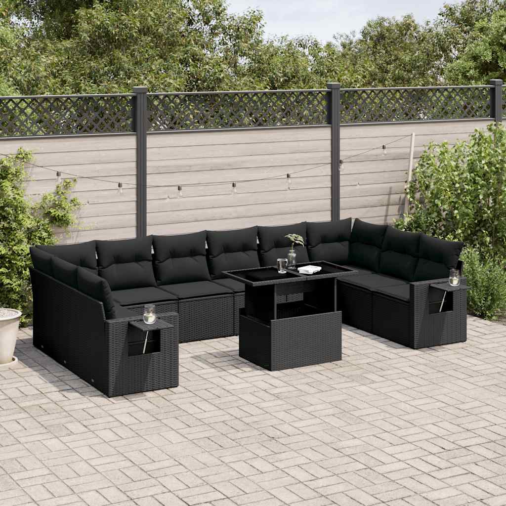 11 Pcs conjunto sofás de jardim c/ almofadões vime PE preto