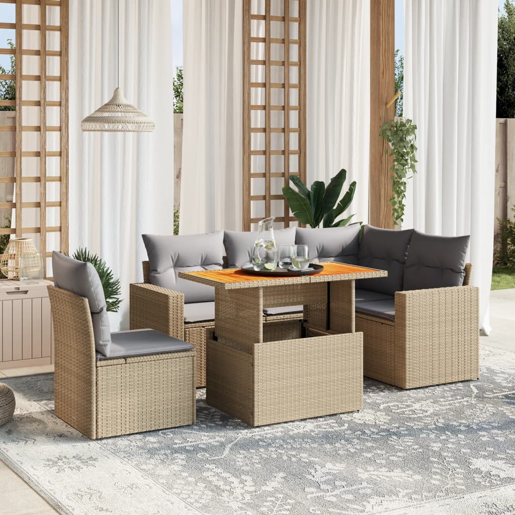 6 Pcs conjunto de sofás p/ jardim com almofadões vime PE bege