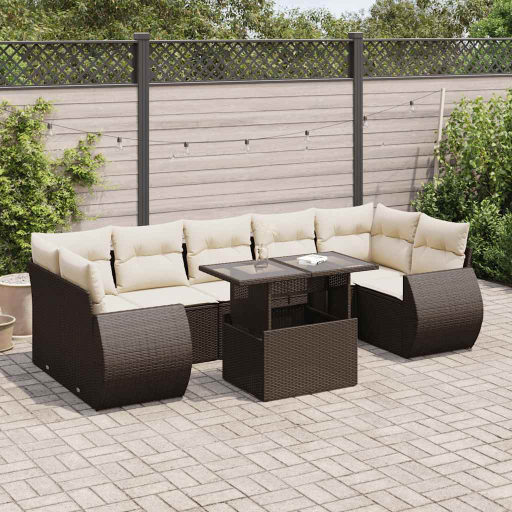 8 Pcs conjunto sofás de jardim c/ almofadões vime PE castanho
