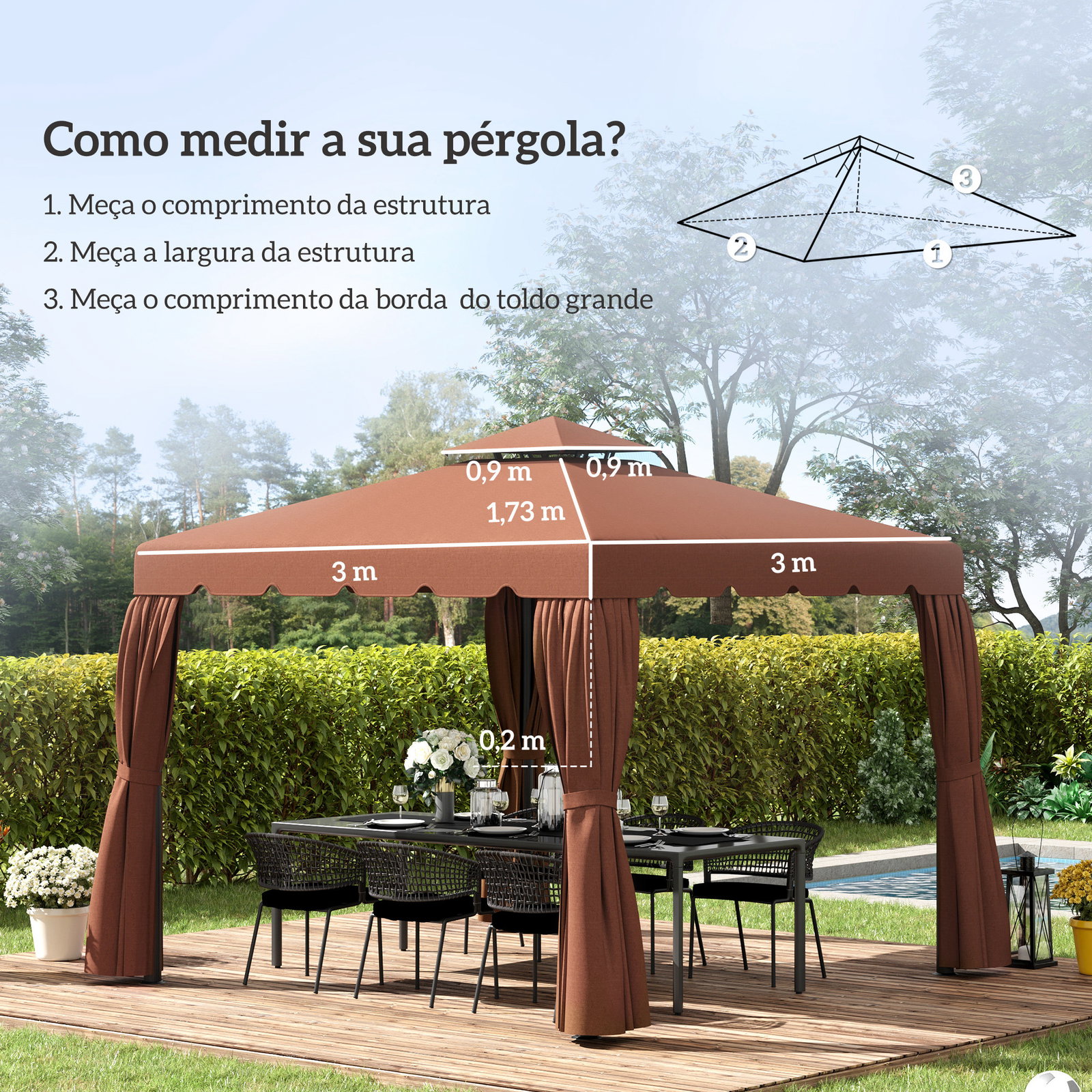 Toldo de substituição para pérgola 300x300 cm com duplo teto e 8 orifícios de drenagem marrom