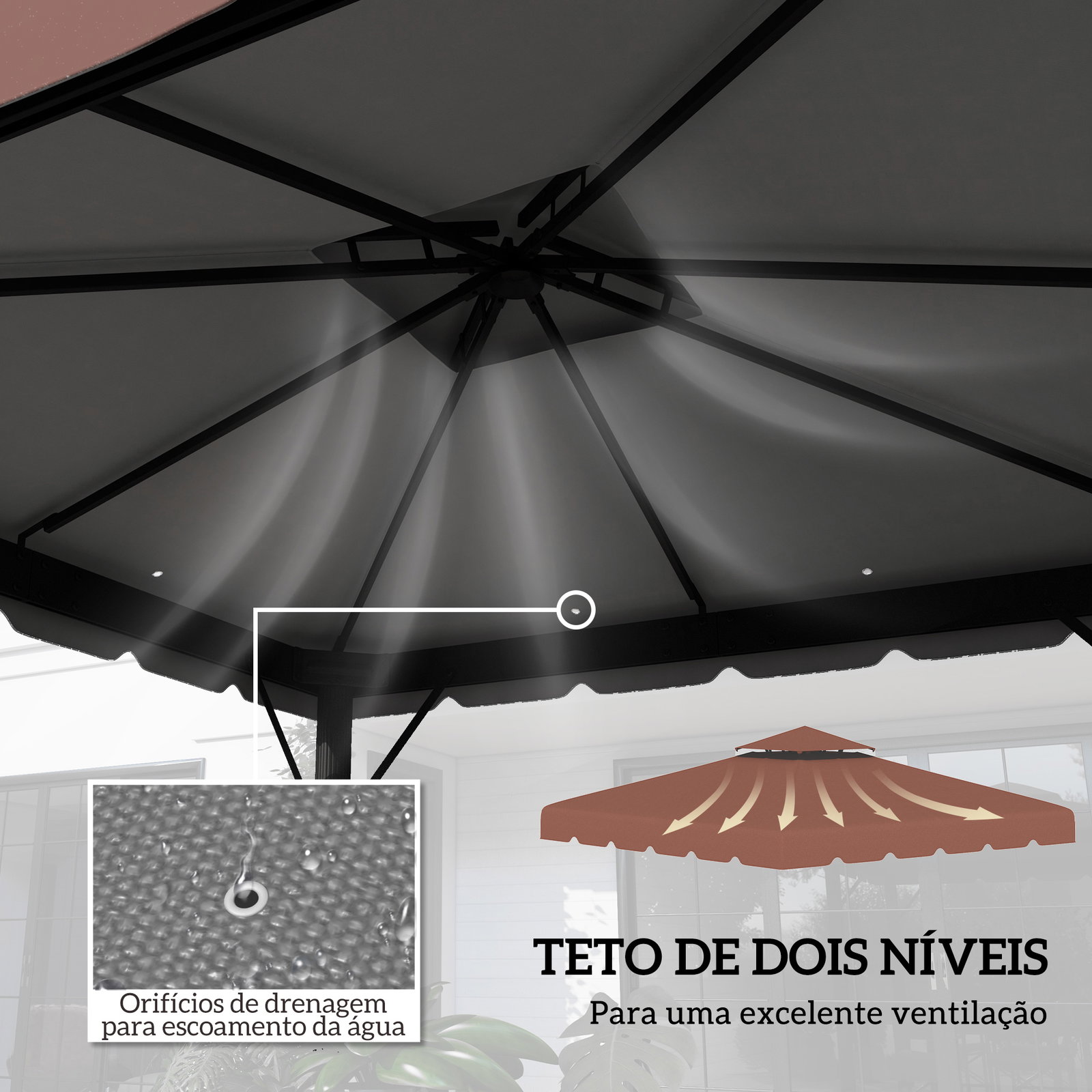 Toldo de substituição para pérgola 300x300 cm com duplo teto e 8 orifícios de drenagem marrom