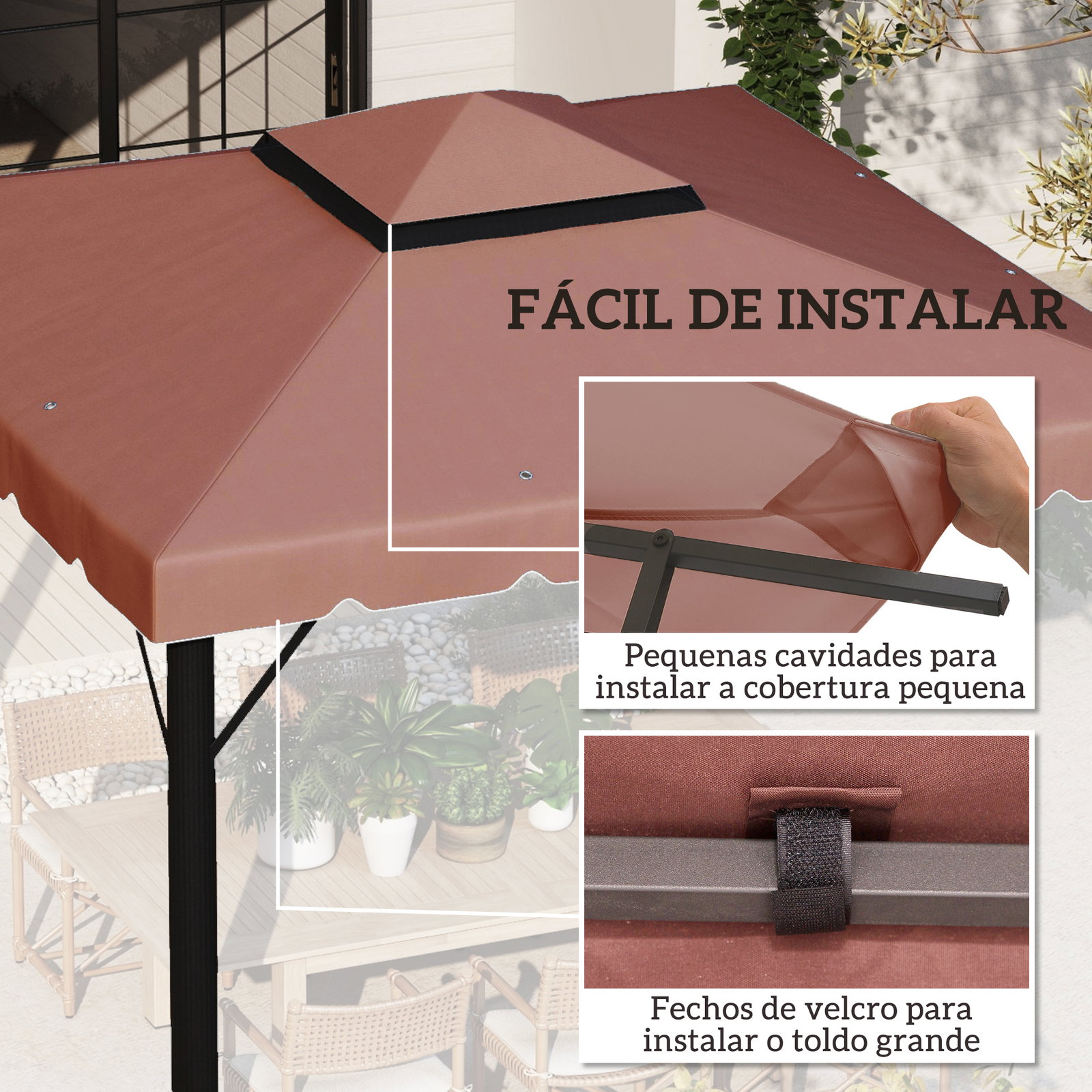 Toldo de substituição para pérgola 300x300 cm com duplo teto e 8 orifícios de drenagem marrom