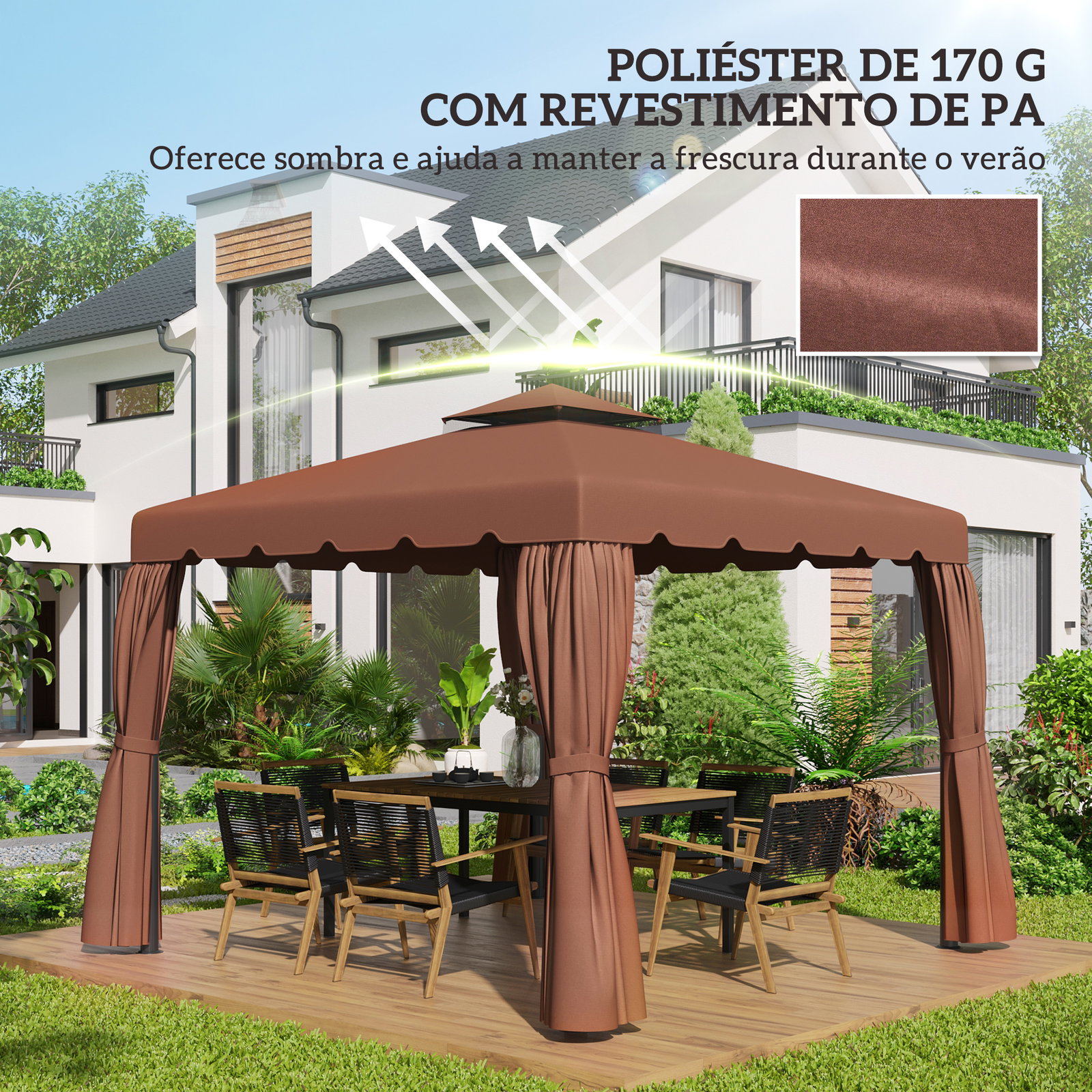 Toldo de substituição para pérgola 300x300 cm com duplo teto e 8 orifícios de drenagem marrom