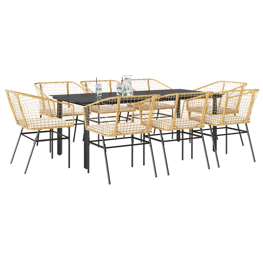 Conjunto jantar jardim 9 peças almofadas vidro vime PE castanho