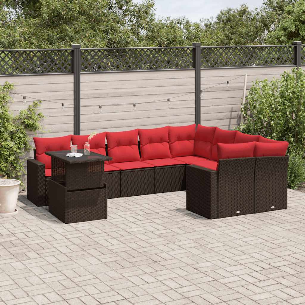 Conjunto de sofá de jardim com 10 peças e almofadas em rattan sintético marrom