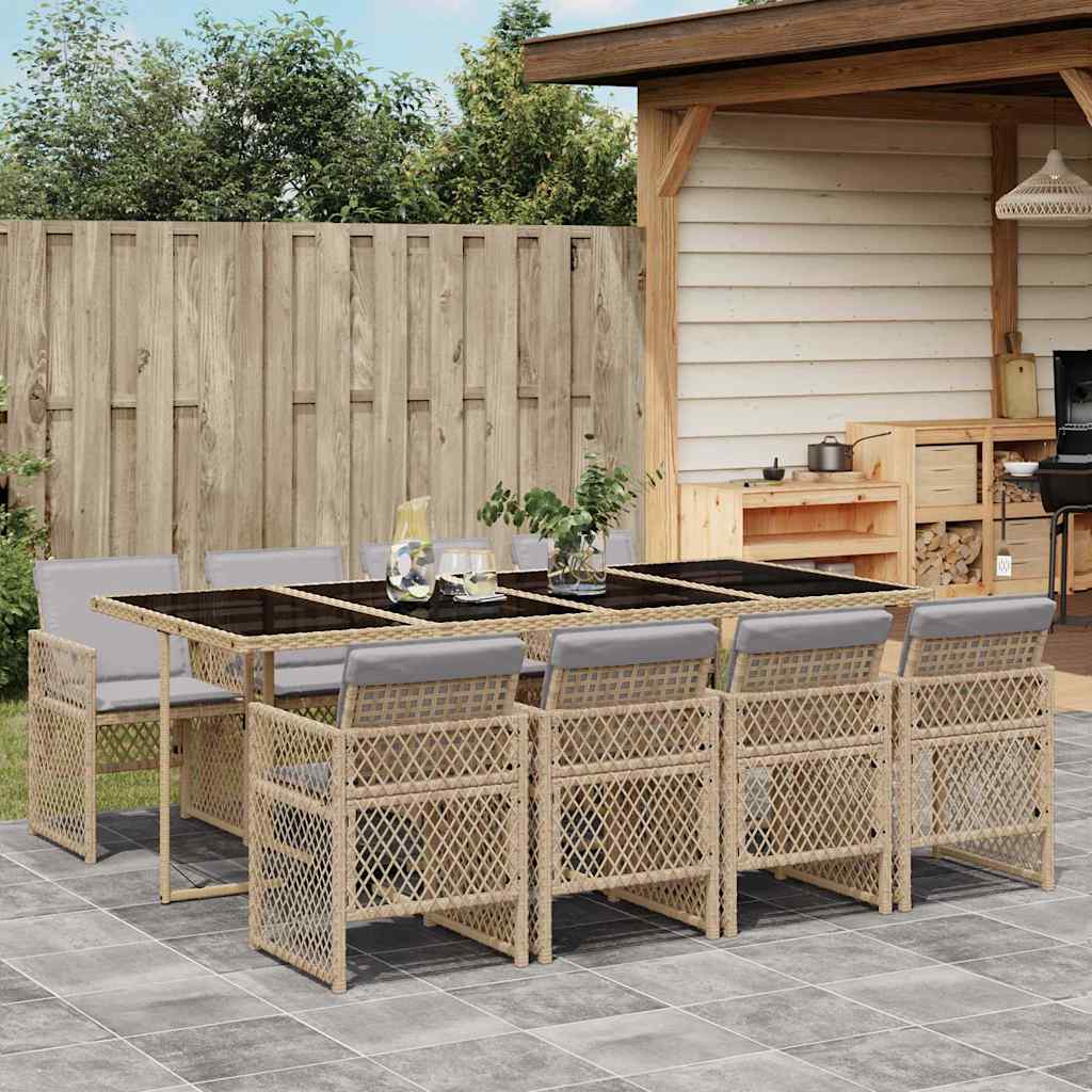 9 Pcs conjunto de jantar p/ jardim com almofadões vime PE bege