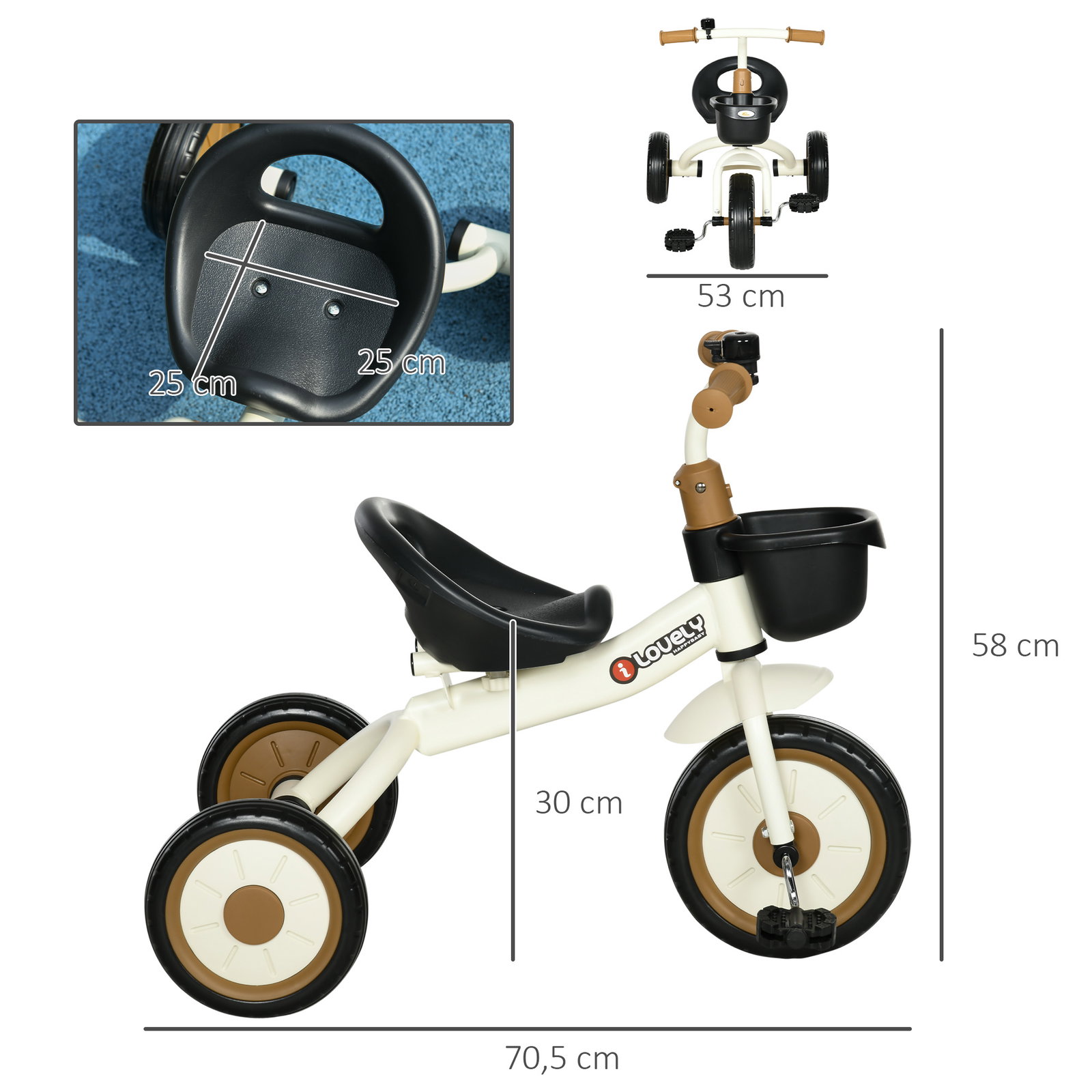 Triciclo para crianças de 2 a 5 anos com assento ajustável cesta buzina e pedais e 3 rodas 70,5x53x58 cm bege