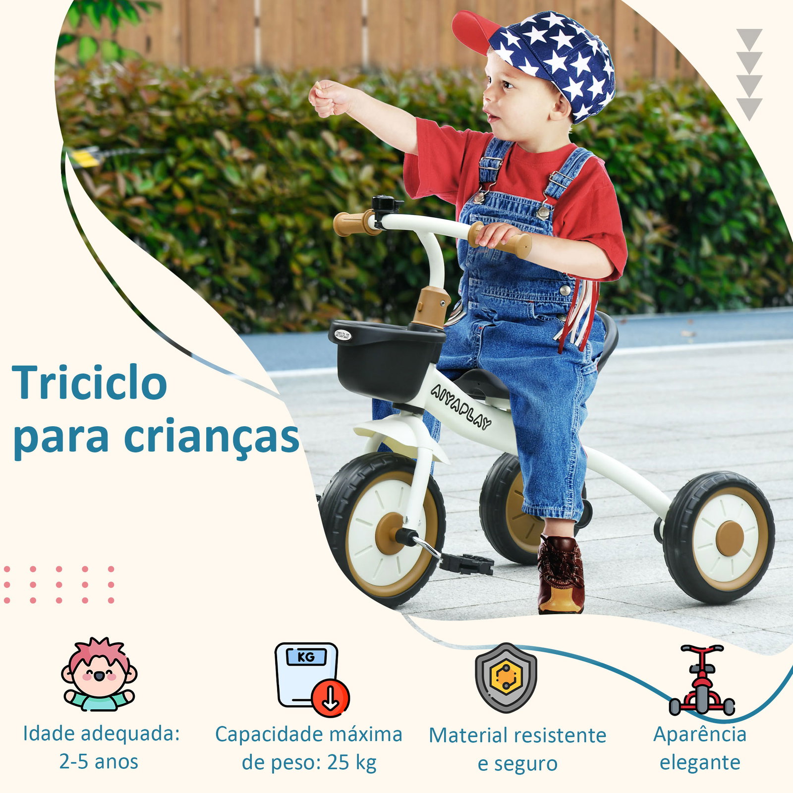 Triciclo para crianças de 2 a 5 anos com assento ajustável cesta buzina e pedais e 3 rodas 70,5x53x58 cm bege