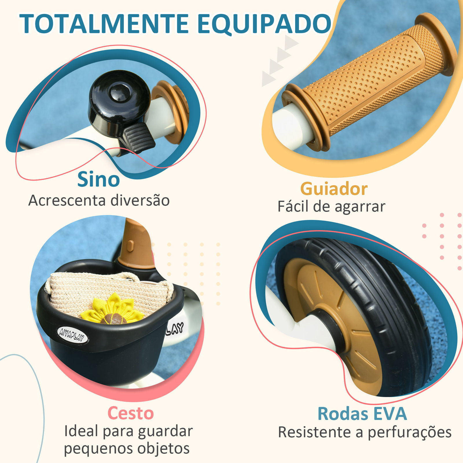 Triciclo para crianças de 2 a 5 anos com assento ajustável cesta buzina e pedais e 3 rodas 70,5x53x58 cm bege