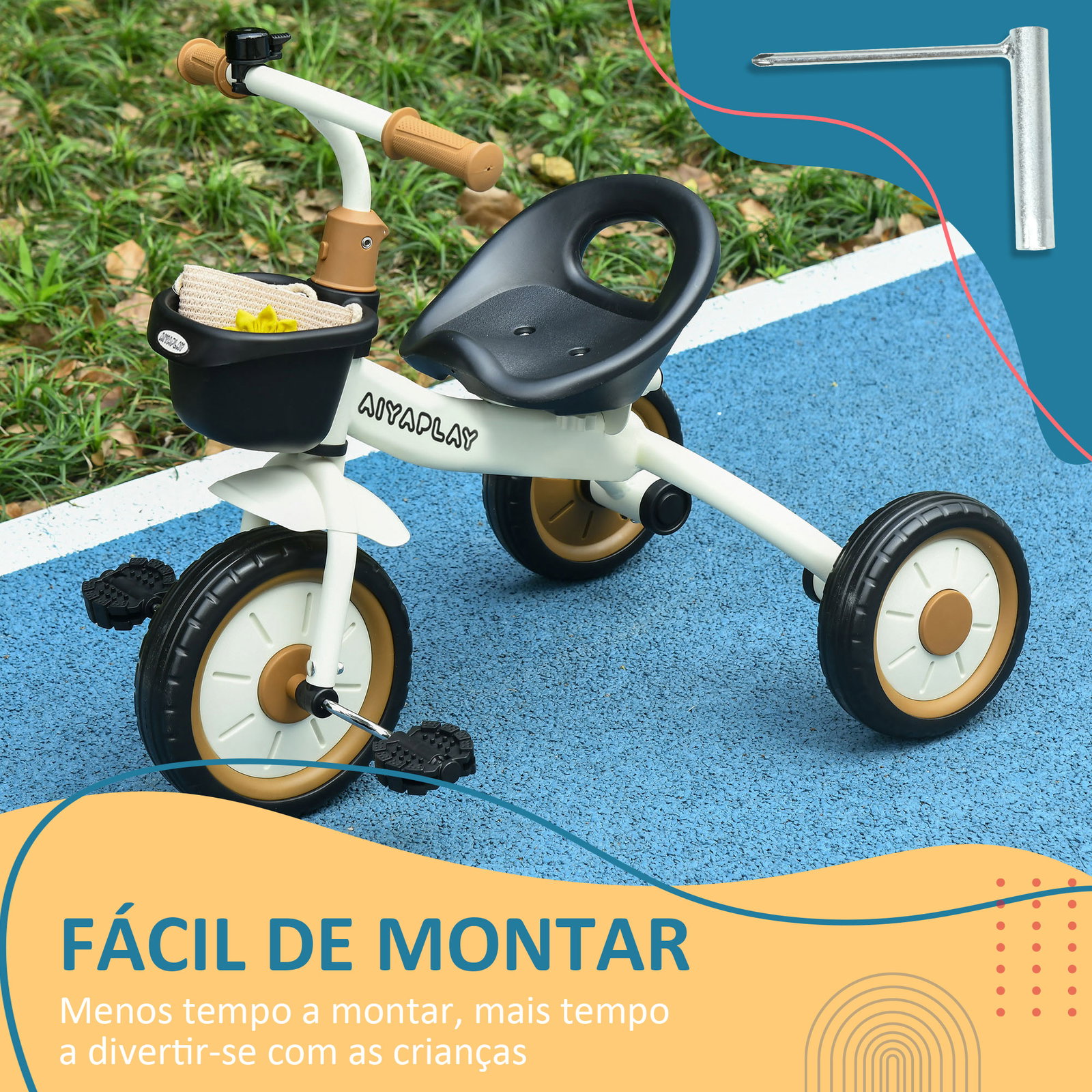 Triciclo para crianças de 2 a 5 anos com assento ajustável cesta buzina e pedais e 3 rodas 70,5x53x58 cm bege