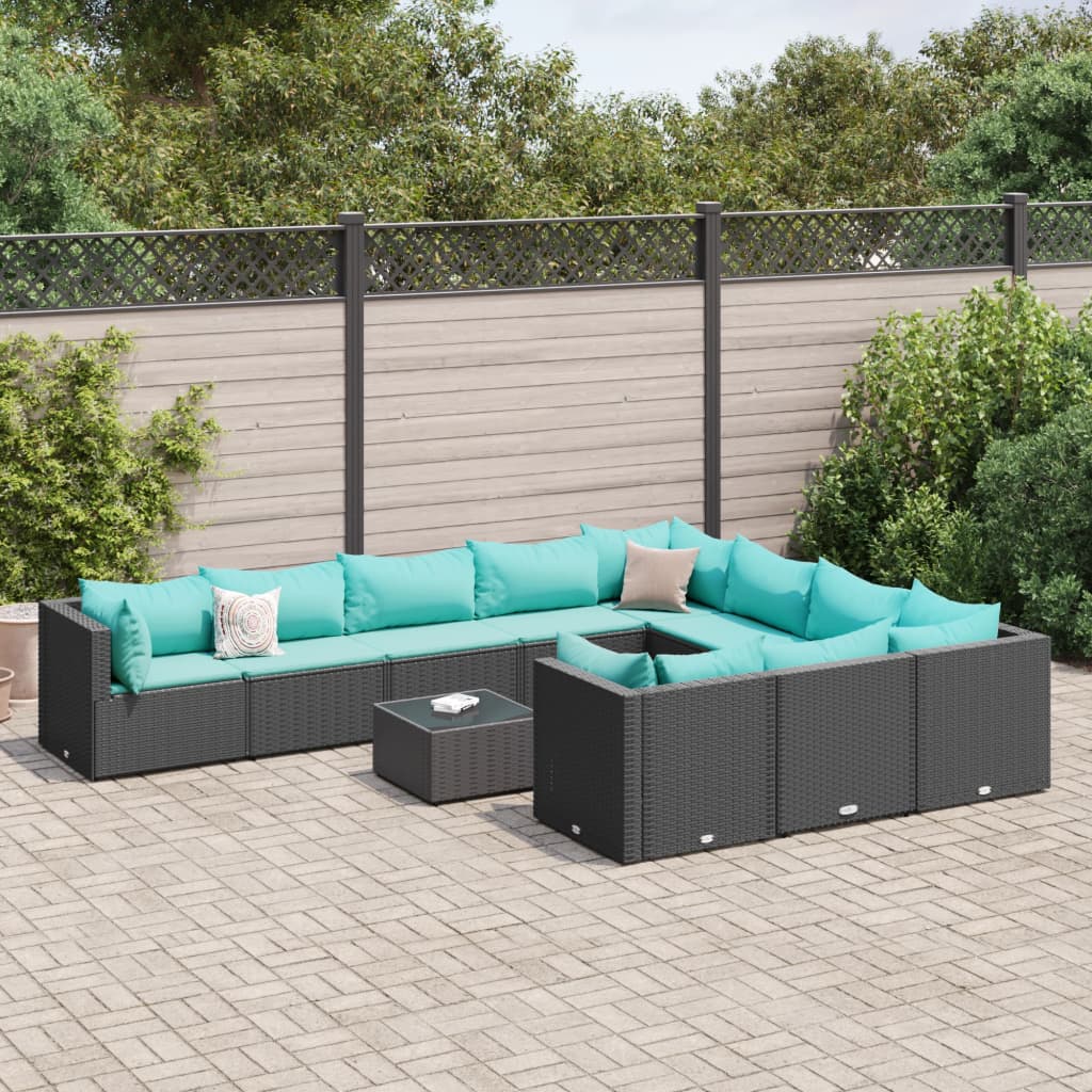 11 Pcs conjunto sofás de jardim c/ almofadões vime PE preto