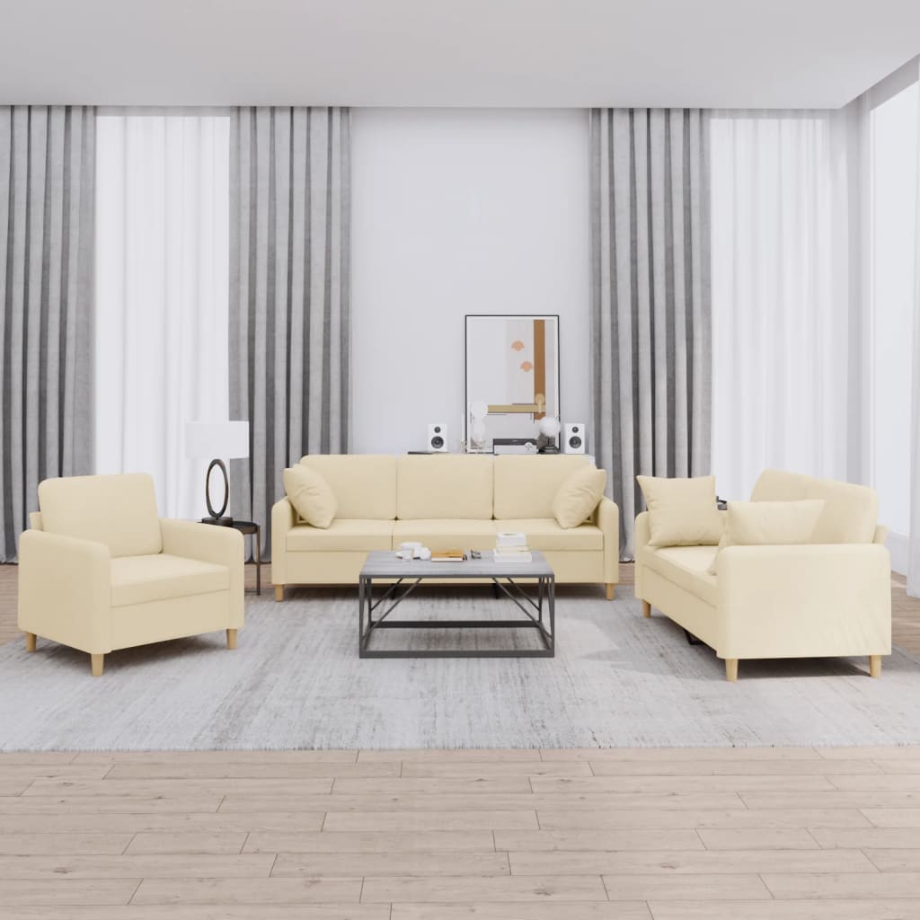 3 Pcs conjunto de sofás com almofadas tecido cor creme
