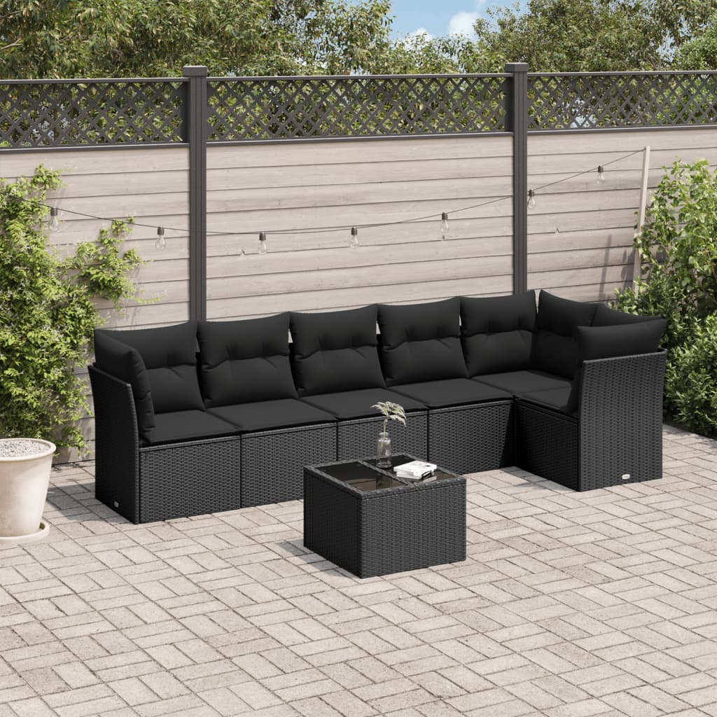 7 Pcs conjunto de sofás p/ jardim c/ almofadões vime PE preto