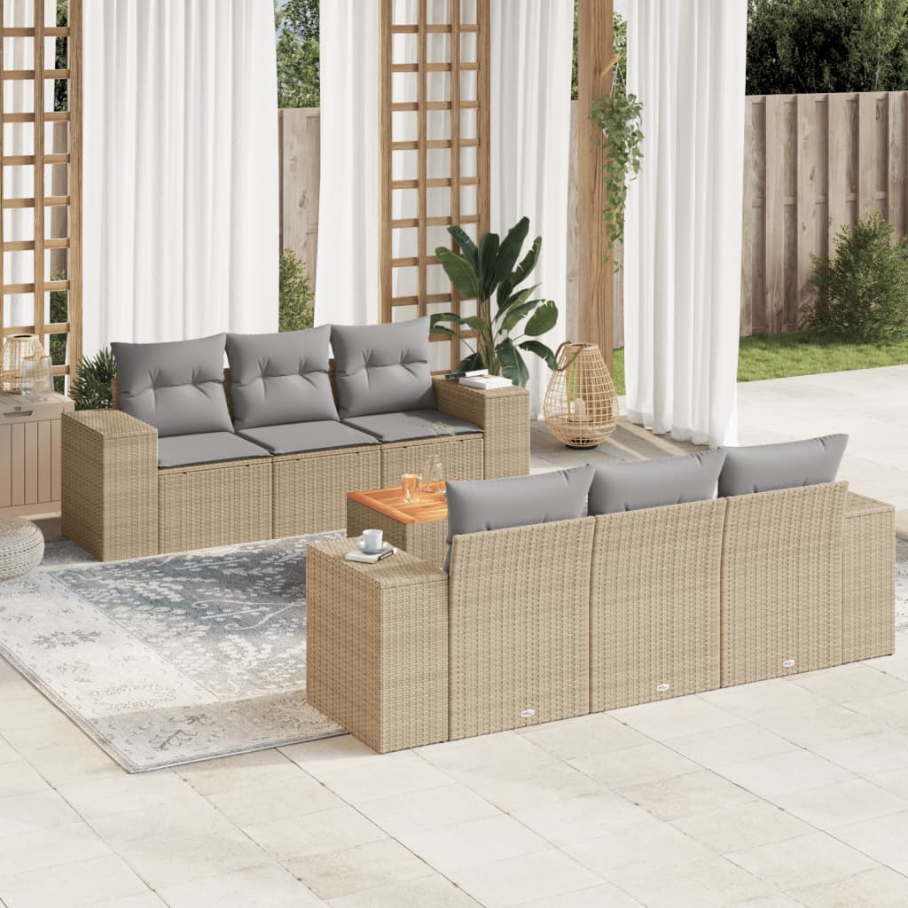 7 Pcs conjunto de sofás p/ jardim com almofadões vime PE bege