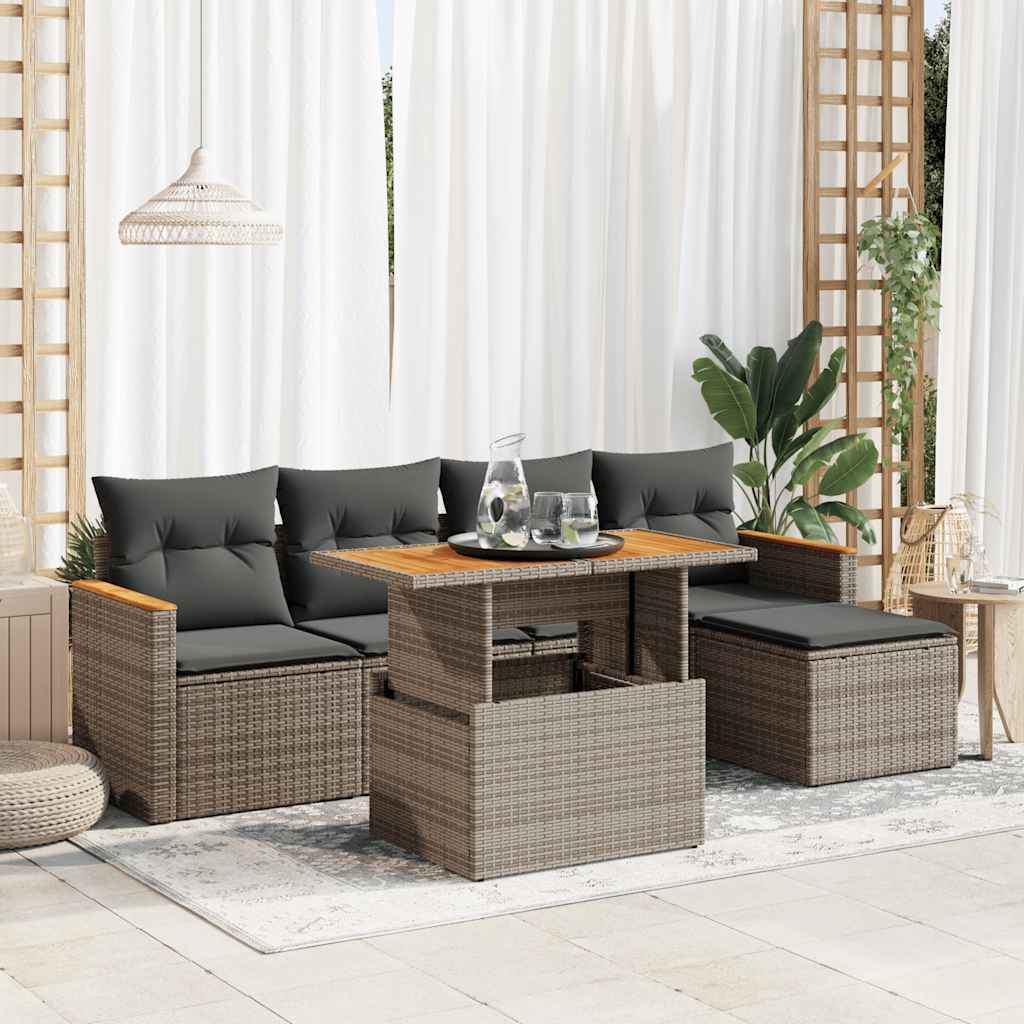 6 Pcs conjunto sofás jardim com almofadões PE/acácia cinzento
