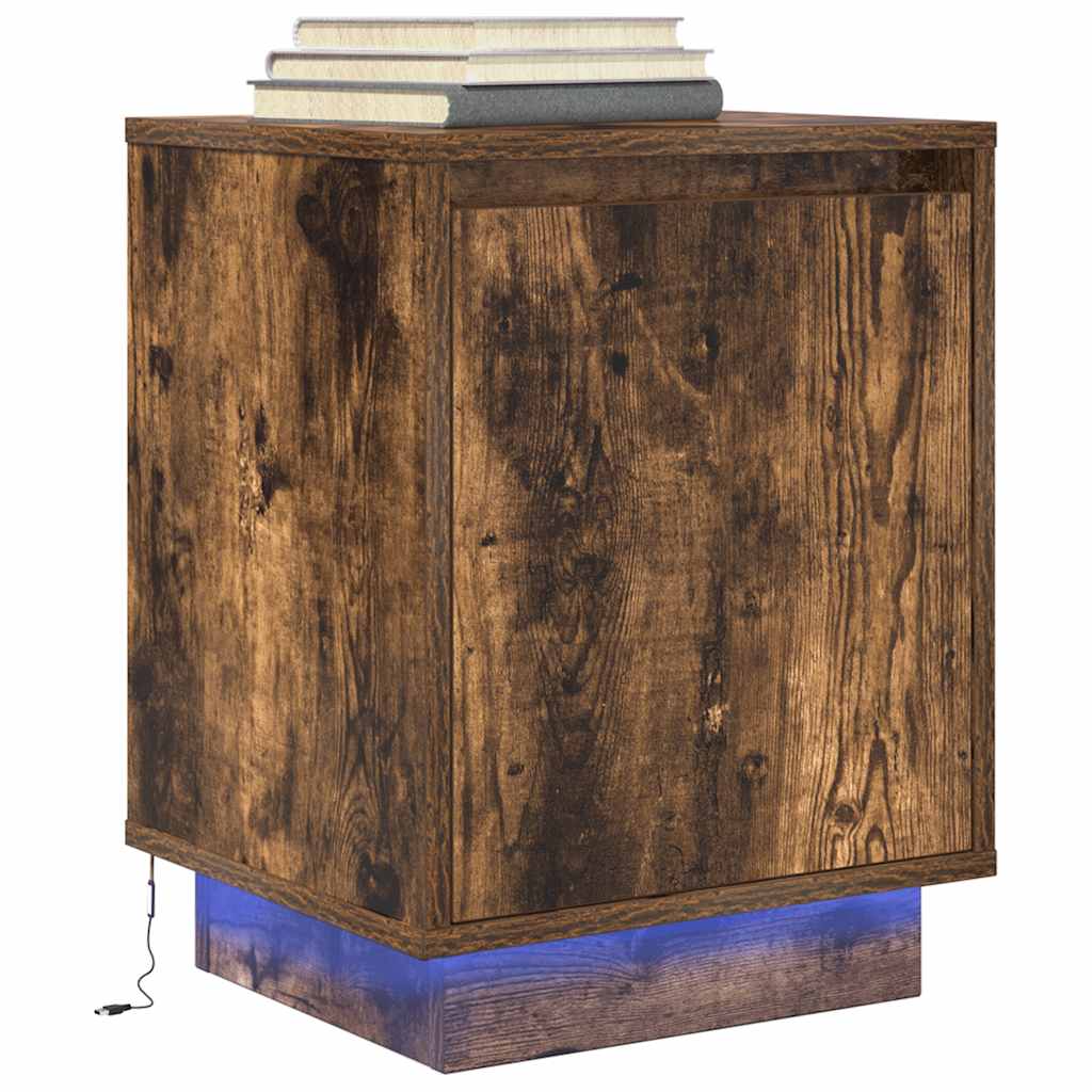 Mesa de cabeceira com luzes LED 38x34x50 cm carvalho fumado