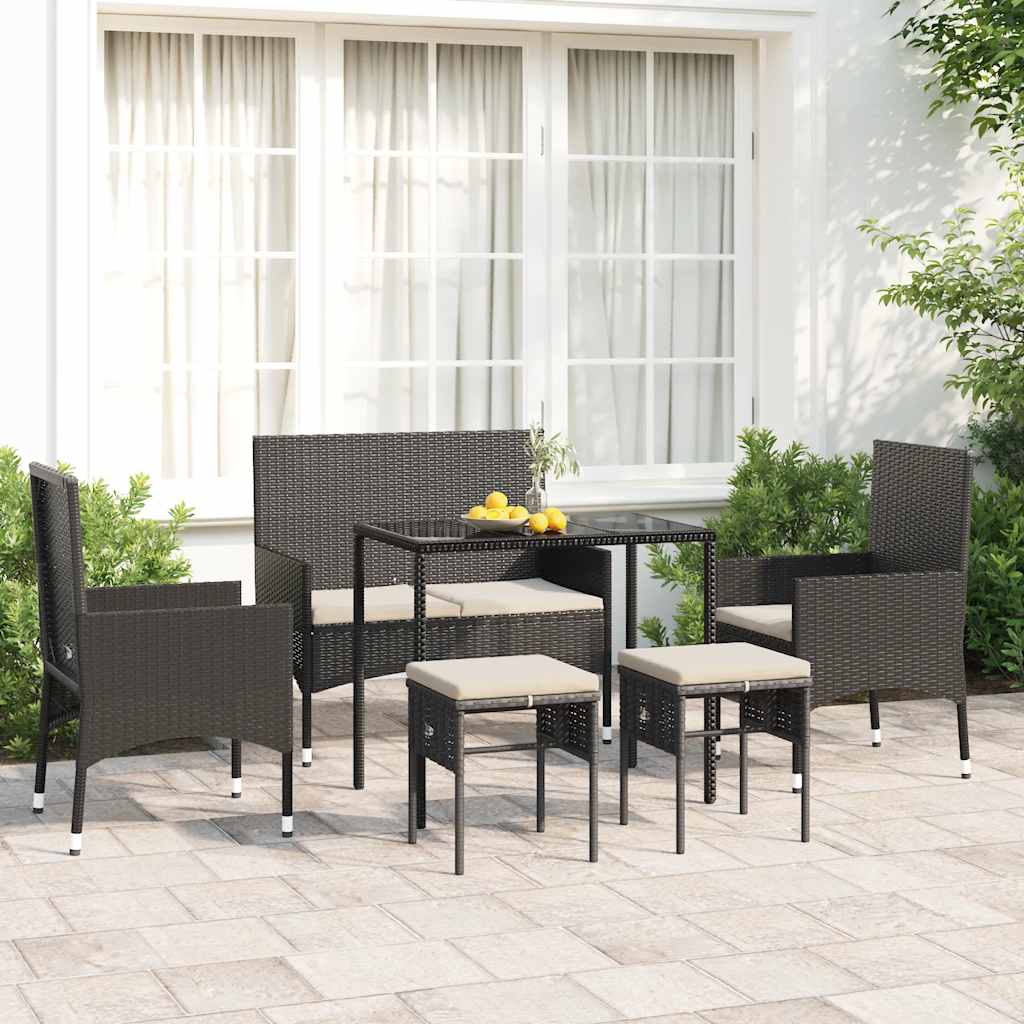 6 Pcs conjunto lounge de jardim c/ almofadões vime PE preto