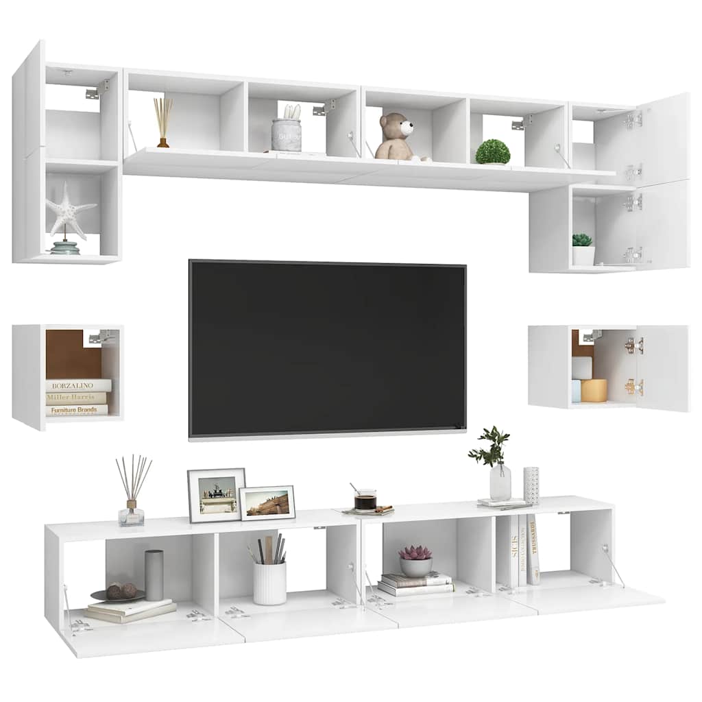 8 Pcs conjunto de móveis de TV derivados de madeira branco