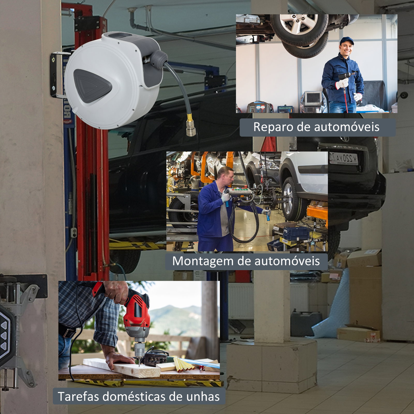 Carretel de mangueira de ar comprimido automático 20 m conector de 1/4'' bsp suporte de parede giratório 180° cinzento