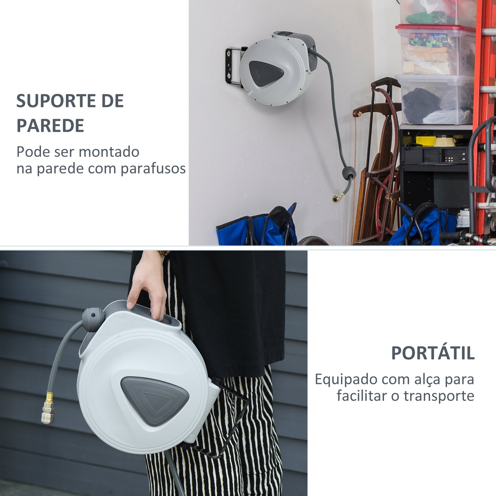 Carretel de mangueira de ar comprimido automático 20 m conector de 1/4'' bsp suporte de parede giratório 180° cinzento