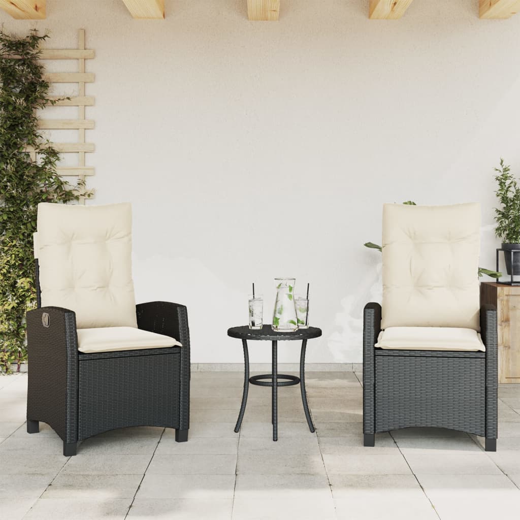 3 Pcs conjunto de bistrô com almofadões vime PE preto