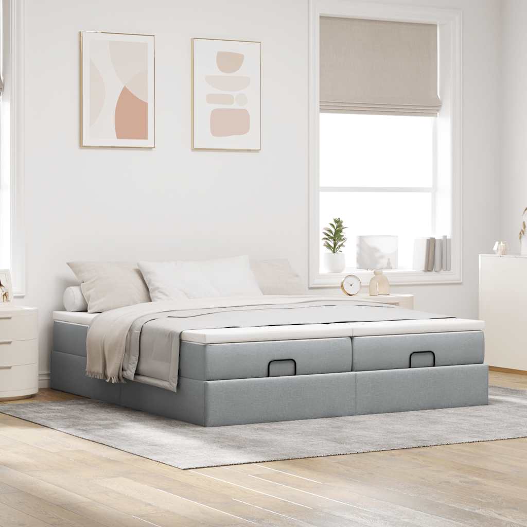 Estrutura de cama otomana com colchões tecido cinzento claro