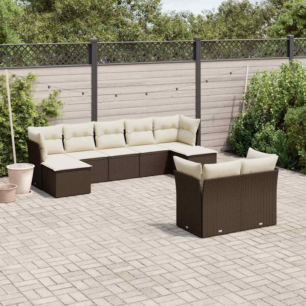 9 Pcs conjunto sofás p/ jardim c/ almofadões vime PE castanho