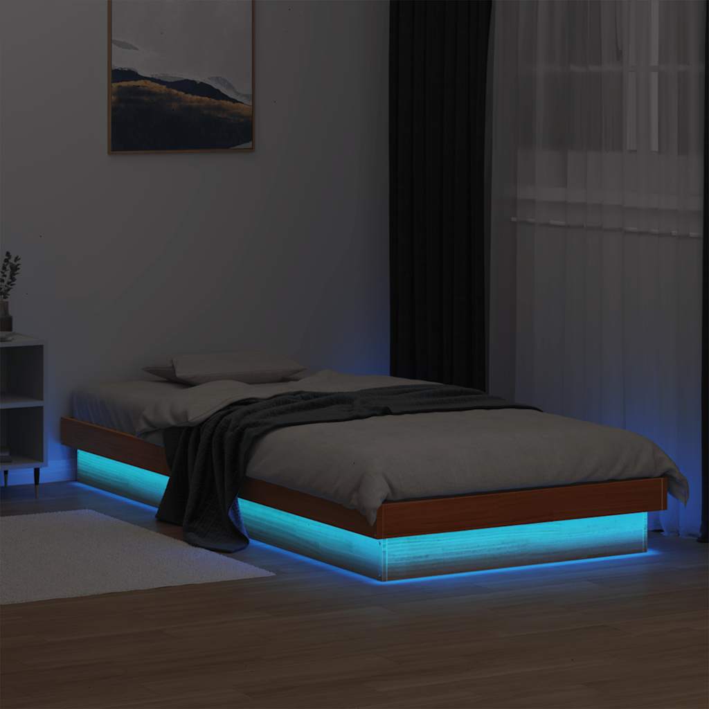Estrutura de cama c/ leds 90x200 cm pinho maciço castanho mel