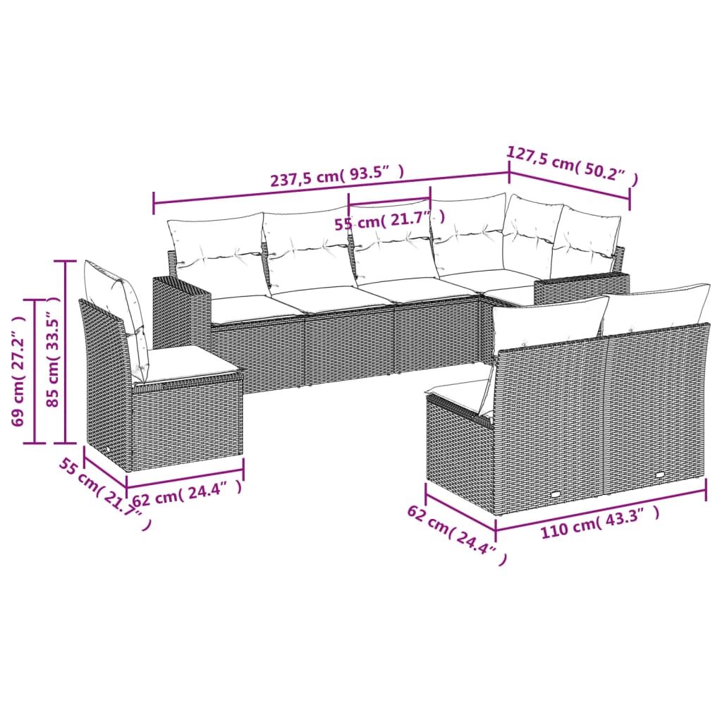 8 Pcs conjunto sofás de jardim c/ almofadões vime PE castanho