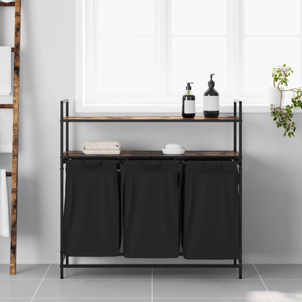 Cesto de roupa suja com 3 compartimentos e prateleiras, cor carvalho defumado