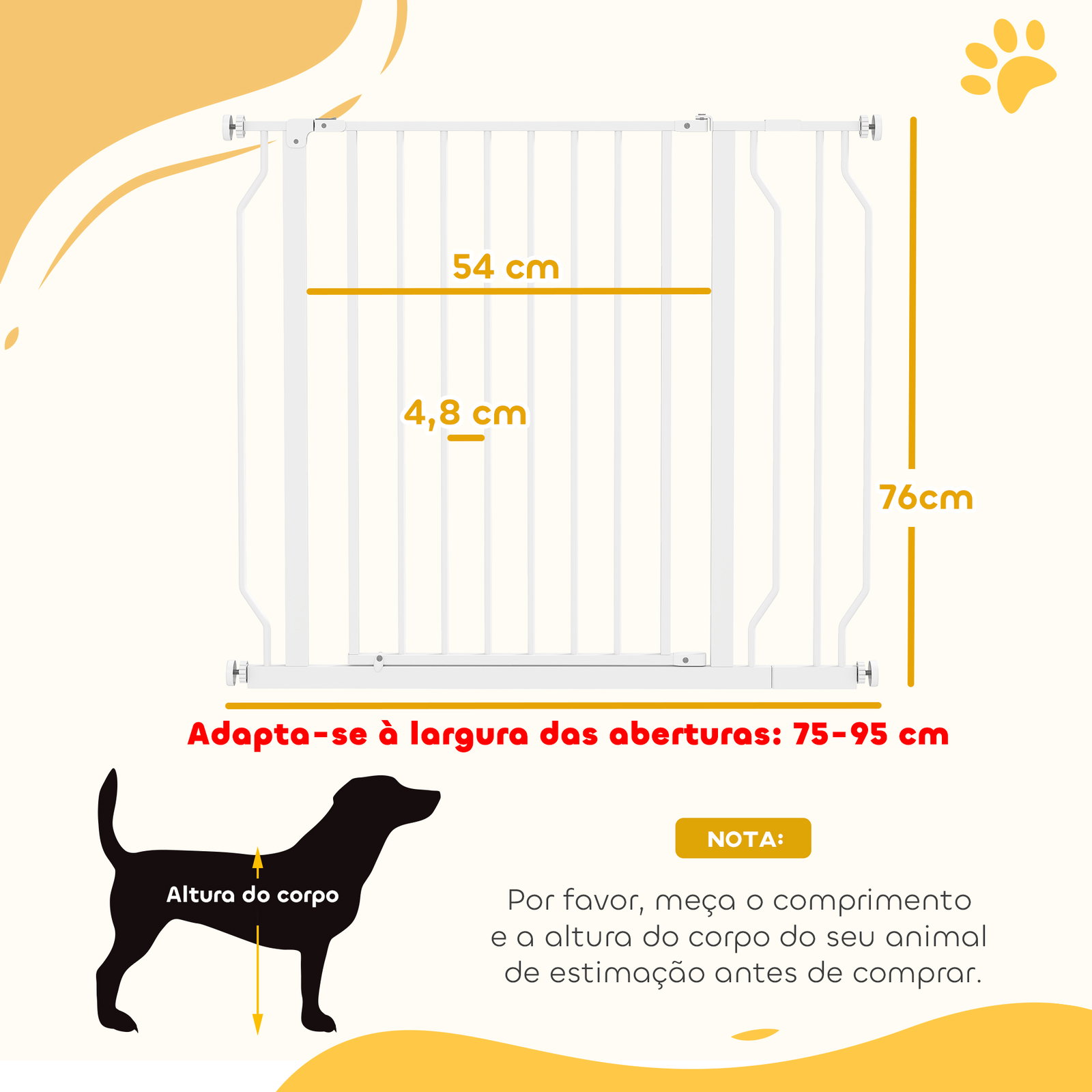 Barreira de Segurança para Cães Extensível para Escadas e Portas 75-95cm com Extensão de 10 cm Altura 76 cm Branco