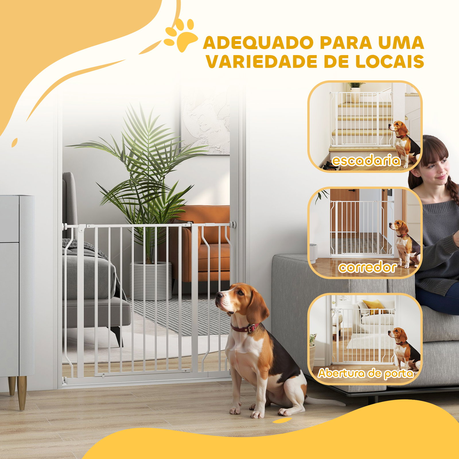 Barreira de Segurança para Cães Extensível para Escadas e Portas 75-95cm com Extensão de 10 cm Altura 76 cm Branco