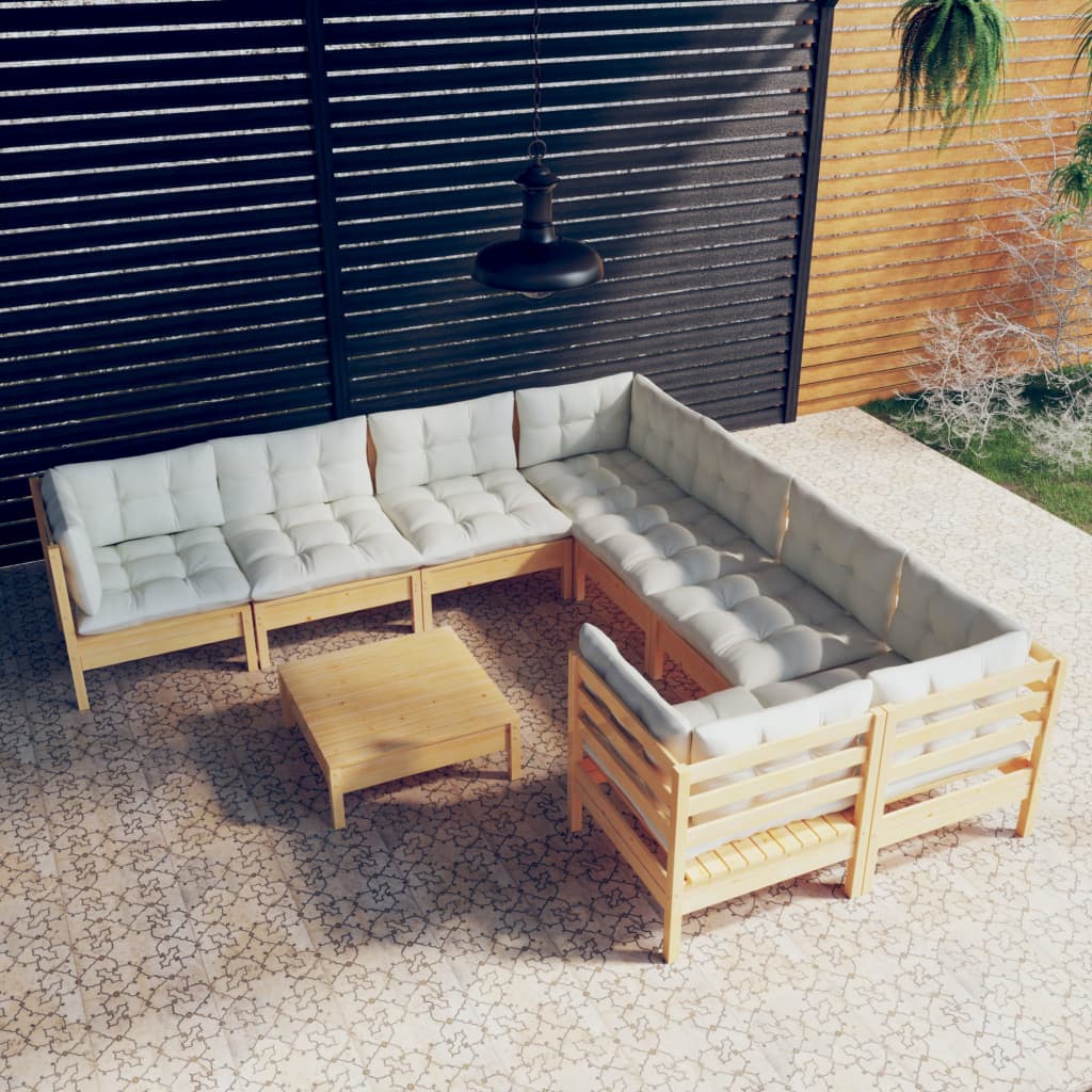 9 Pcs conjunto lounge de jardim c/ almofadões cor creme pinho