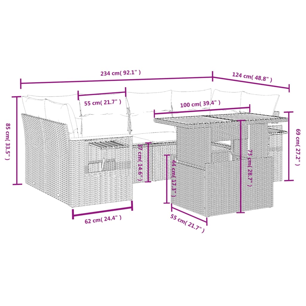 7 Pcs conjunto sofás p/ jardim c/ almofadões vime PE cinzento