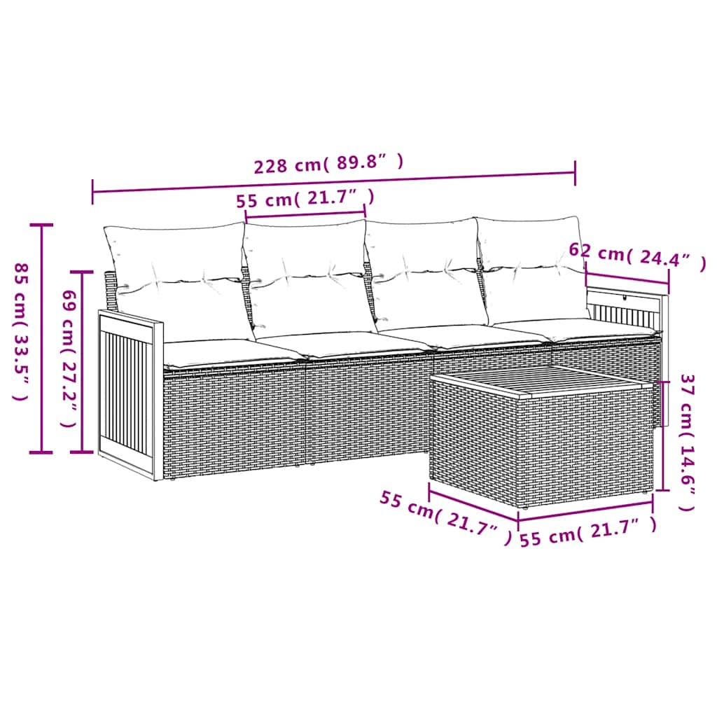 5 Pcs conjunto sofás de jardim com almofadões vime PE preto