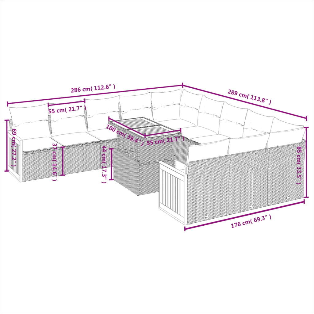 11 Pcs conjunto sofás de jardim c/ almofadões vime PE bege