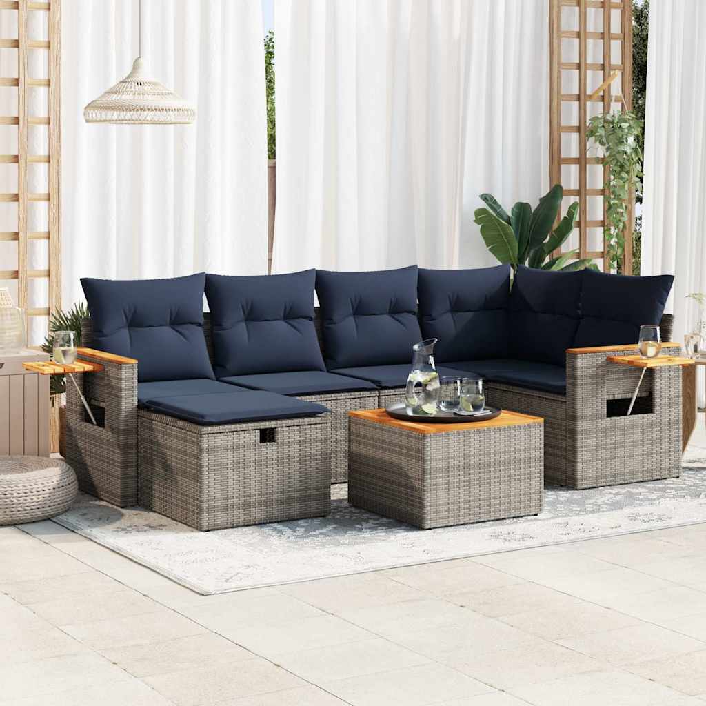7 Pcs conjunto sofás p/ jardim c/ almofadões vime PE cinzento