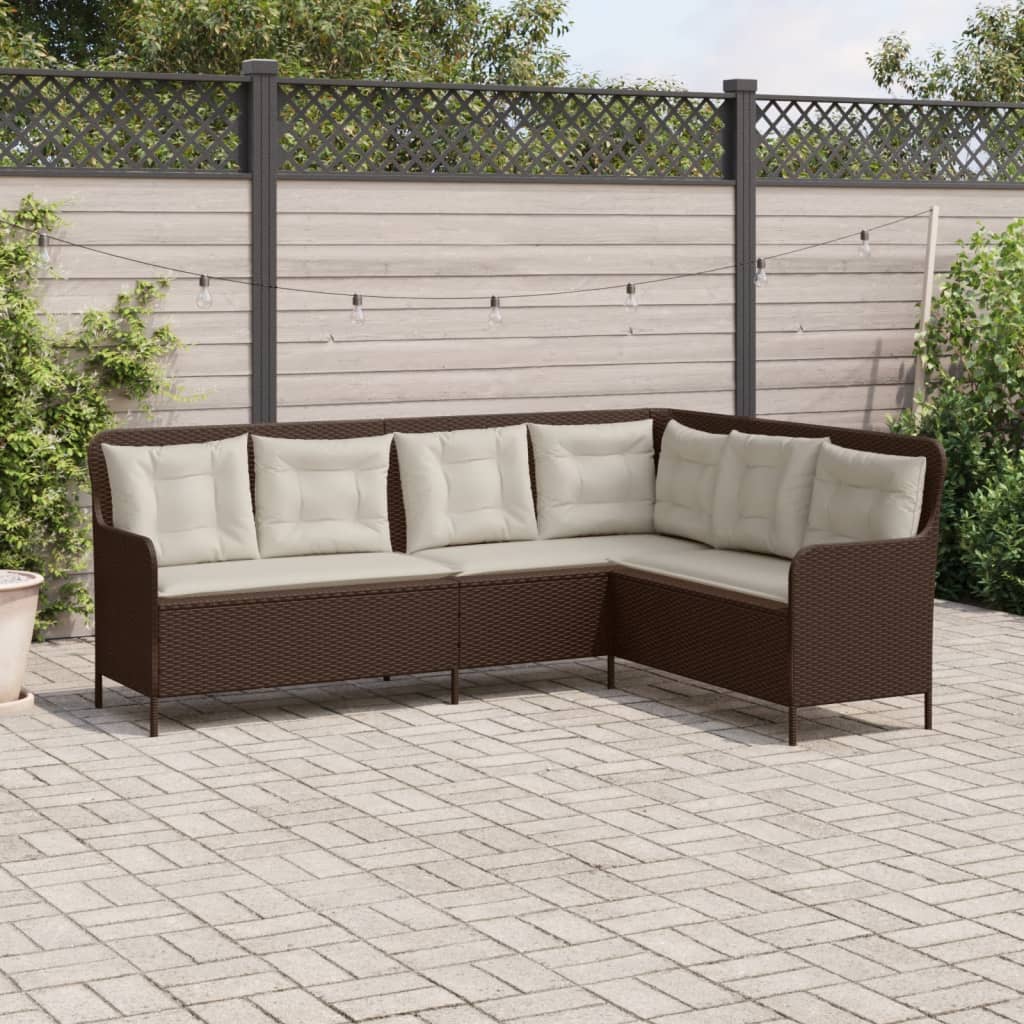 Sofá de jardim em forma de l com almofadões vime PE castanho