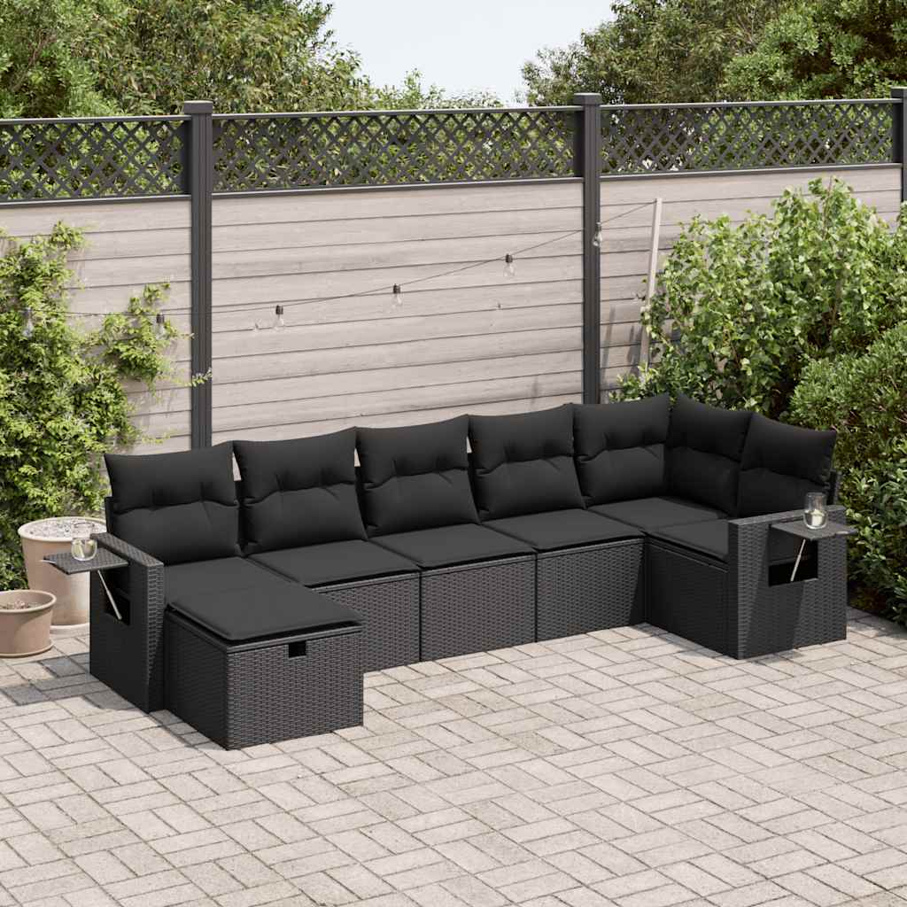 7 Pcs conjunto de sofás p/ jardim c/ almofadões vime PE preto