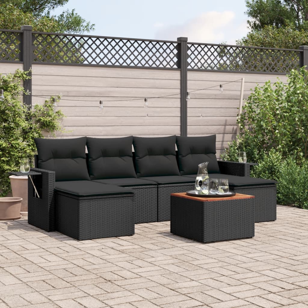 7 Pcs conjunto de sofás p/ jardim c/ almofadões vime PE preto