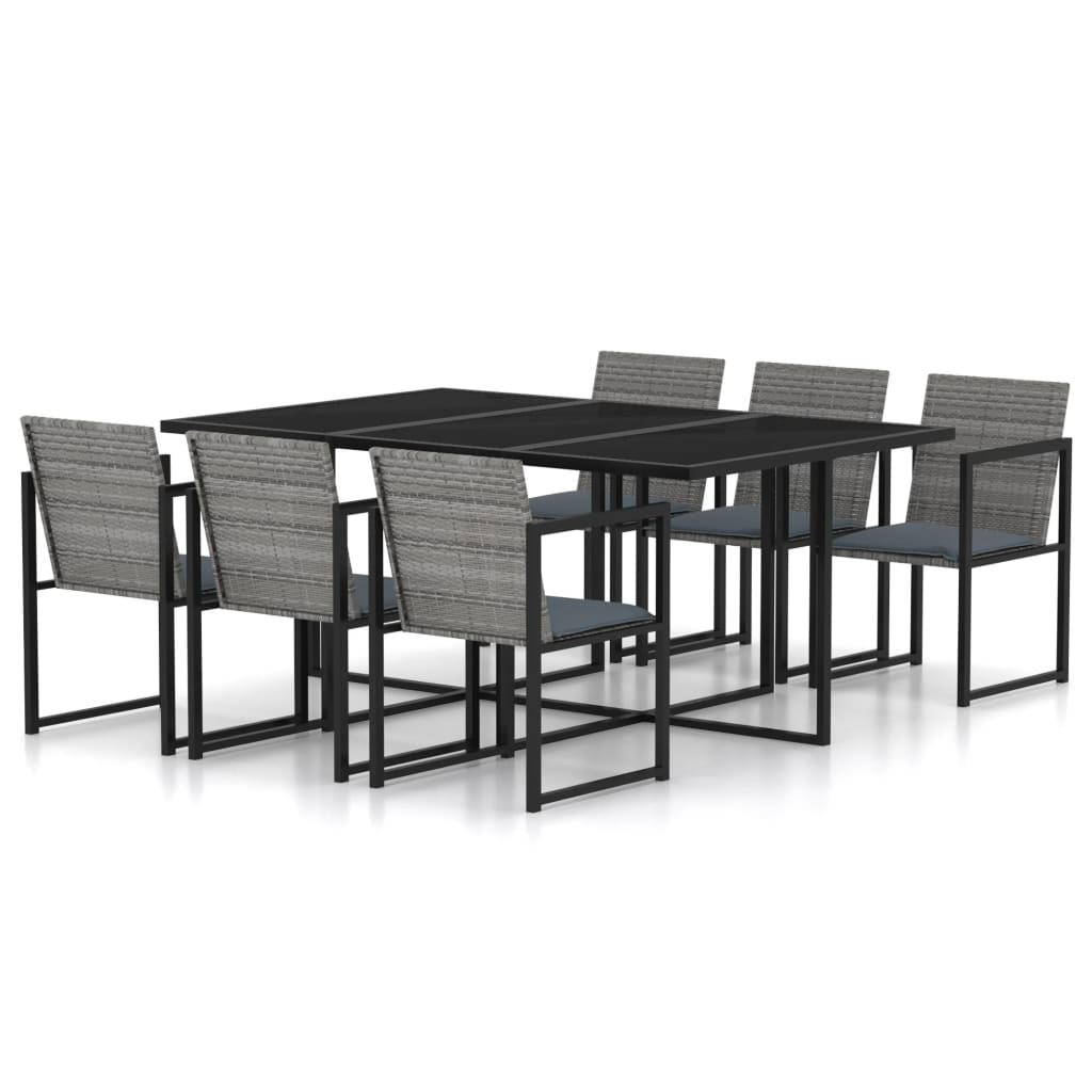 7 Pcs conjunto jantar exterior com almofadões vime PE cinzento